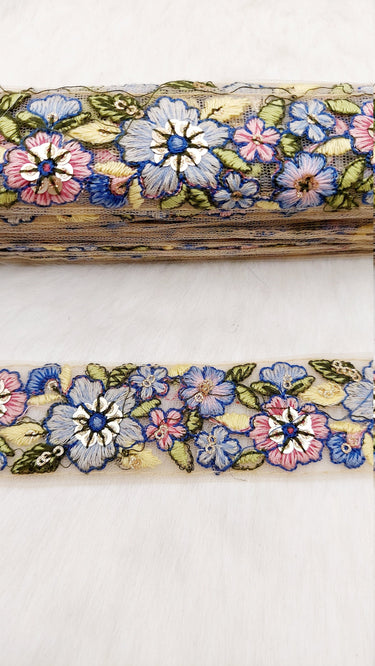 9 Yards Beige Net Lace Trim Floral Embroidered, Floral Sari Border, Decorative Trim